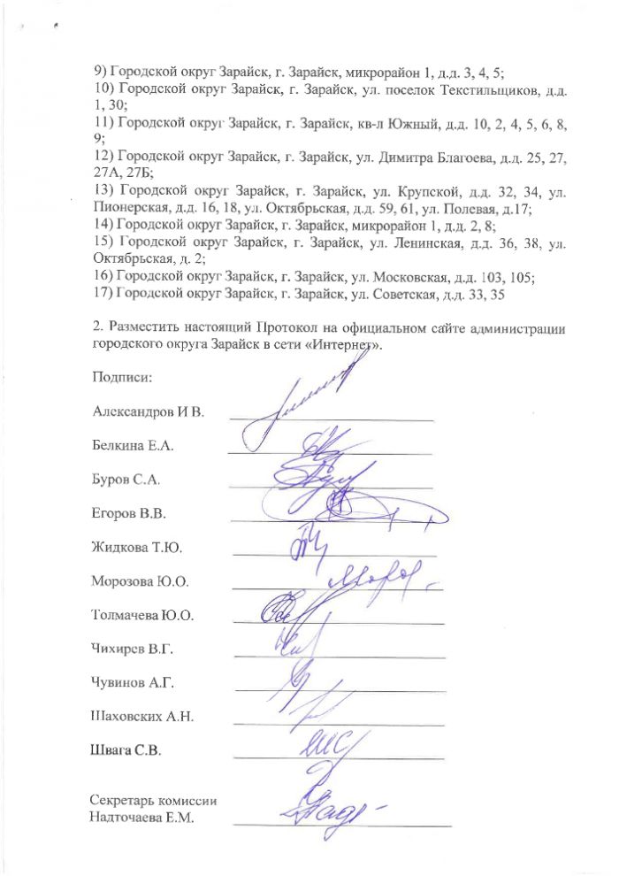 Протокол заседания муниципальной общественной комиссии городского округа Зарайск по вопросу утверждения адресного перечня дворовых территорий, подлежащих комплексному благоустройству, на 2022 год