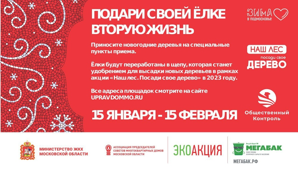 В рамках губернаторского проекта «Зима в Подмосковье» с 15 января по 15 февраля  в Подмосковье пройдёт масштабная акция «Подари своей ёлке вторую жизнь»
