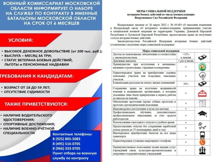 Военный комиссариат Московской области информирует о наборе на службу по контракту в именные батальоны Московской области на срок от 6 месяцев